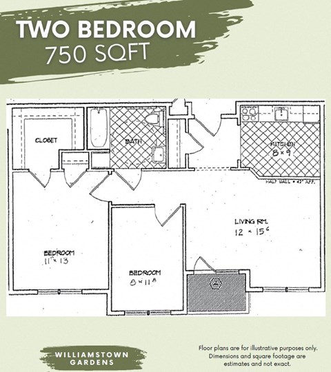 Floor plan for 2 beds, 1 bath, 750 sqft
